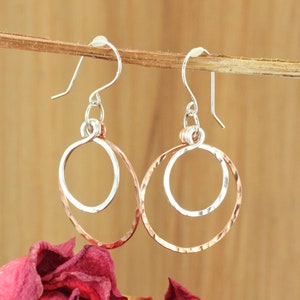 Hoop Sterling Silver and Copper 2 Loops Earrings ~ Textured Silver Copper Hoops ~ Sterling Circle Earrings ~ Hammered Silver Dangle Earrings