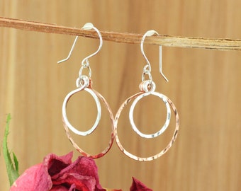 Hoop Sterling Silver and Copper 2 Loops Earrings ~ Textured Silver Copper Hoops ~ Sterling Circle Earrings ~ Hammered Silver Dangle Earrings