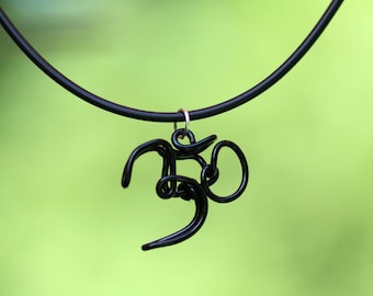 Black wire wrapped Om symbol pendant ~ Yoga pendant ~ Wire wrapped Ohm pendant ~ Black Om pendant