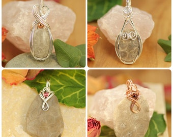 Petoskey or Fossil Stone Wire Wrapped Pendants in Sterling Silver-Filled and Copper ~ Fossil Charms Necklaces ~ Michigan State Stone ~ Gift