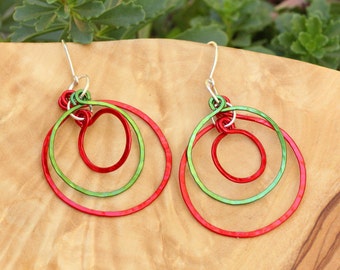 Jumbo Red and Green hoops Earrings ~ 3 Loop Earrings ~ Red and Green Circle Earrings ~ Hammered loops ~ Handmade Christmas jewelry