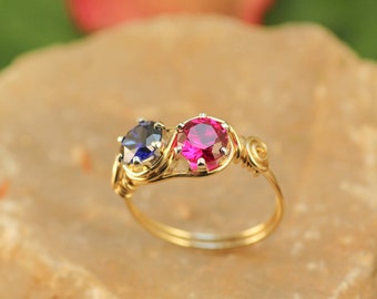 Mother Ring 2 Stones Gold Filled Wire ~ Handmade Mother Birthstone Ring ~ Personalized Birthstone Jewelry ~ Birthstone Ring Gold for Gift