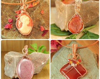Handmade Wire Wrapped Pendants in Copper ~ Cameo, Carnelian Druzzy and Rhodonite Charms Necklaces ~ Gift for Her ~ Natural Gemstone Jewelry
