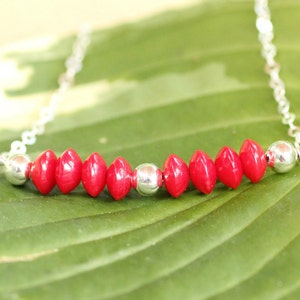 Red coral & silver horizontal bar necklace ~ Layering boho necklace ~ Gemstone necklace ~ Dainty jewelry ~ Elegant necklace