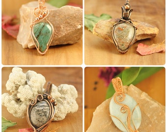 Handmade Wire Wrapped Pendants in Copper ~Green Prase, Bloodstone, Granite  Charms Necklaces ~Handmade Gift for Her ~Natural Gemstone Jewlry