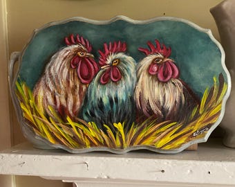 Rooster painting on wood, chicken decor, country decor, farm decor, hen on a nest, rooster art, country chic, roosters, rustic decor,