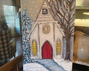 Winter Church Painting on Birch Wood: Snowy Folk Art Decor