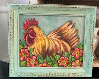 Pintura de gallo, decoración de gallo, decoración rústica, decoración de gallinas, gallo y flores, cocina rústica, estilo cottagecore, pintura de arte popular, cocina