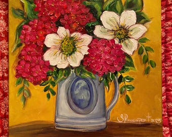 Geranium Flower Painting in Antique Crock: Farmhouse Kitchen Decor