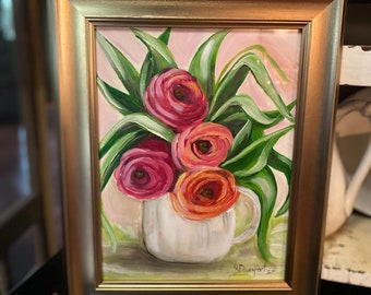 Original Roses Painting: Acrylic Floral Still Life in Gold Frame