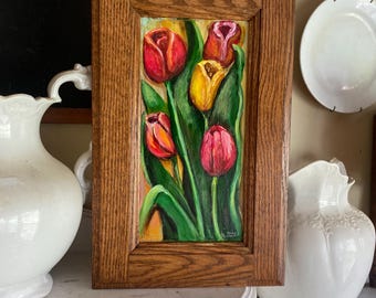 Tulip painting, tulip art, tulip decor, flower painting, flower art, Spring decor, cottage decor, grandma cottage, country chic, art