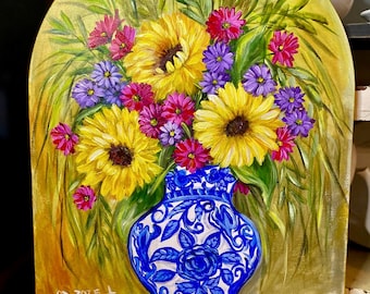 Original Sunflower Painting: Chinoiserie Wildflower Art on Arched Canvas