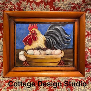 Framed Hen Painting: Original Acrylic Rooster Art, Vintage Frame