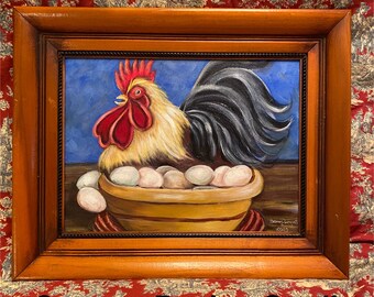 Framed Hen Painting: Original Acrylic Rooster Art, Vintage Frame