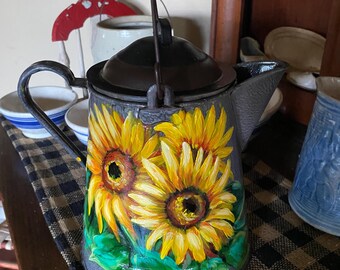 Vintage Enamelware Coffee Boiler: Hand-Painted Sunflower Decor, sunflower kitchen decor