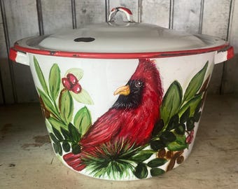 Vintage enamelware with hand painted Redbird, redbird decor, red kitchen decor, bird decor, cottage core, country decor, red decor, folk art