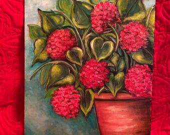 Red geranium painting o  art board, flower painting, original artwork, red flowers, red decor, country decor, country chic, cottage core