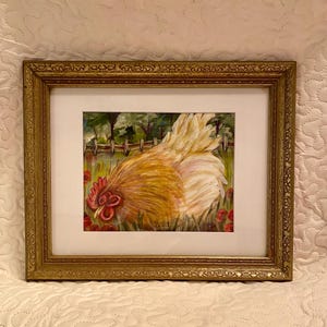 hen painting, country landscape art, rooster decor, chicken decor, country decor, farmhouse decor, folk art, kitchen decor, rustic country