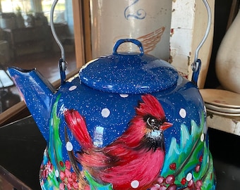 Vintage enamelware kettle with hand painted redbird, redbird decor, bird art, kitchen decor, red bird decor