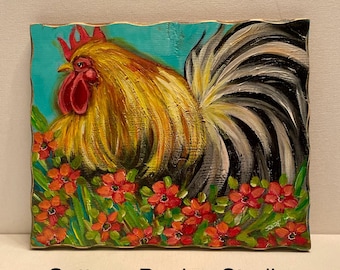 Hand Painted Rooster on Reclaimed Wood: Country Farm Decor