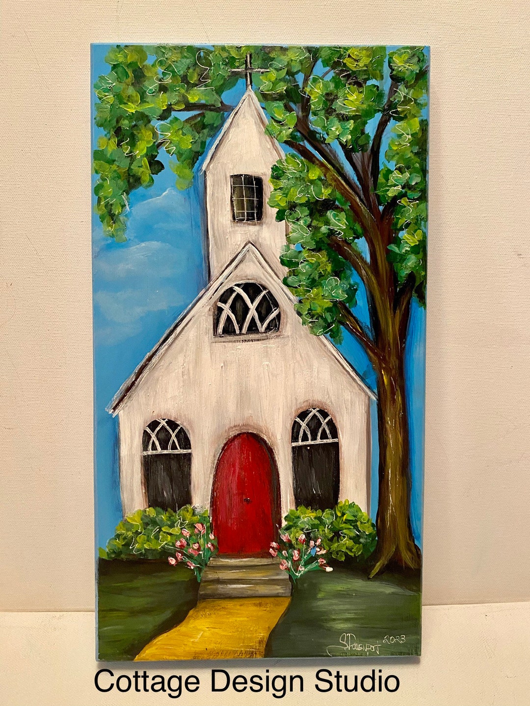 Church Painting on Pine Wood, Church Art, Church Gift, Church Wall Decor, Country Church
