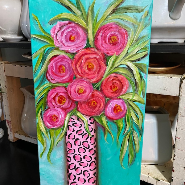 Whimsical roses and pink leopard vase painting, whimsical art, bright color decor, pink leopard, leopard print, hot pink, original pink art