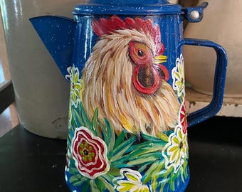 Hand-Painted Rooster Enamelware Coffee Boiler: Farmhouse Kitchen Decor