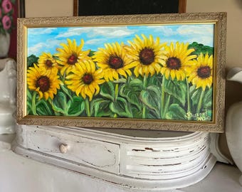 Framed Sunflower Painting: Original Art, Vintage Gold Frame