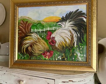 Framed Rooster Painting: Country Farmhouse Decor, Vintage Gold Frame