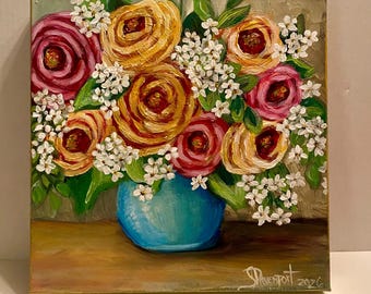 Roses painting on canvas, cottage decor, wall art, flower painting, country chic, roses decor, shabby decor, folk art