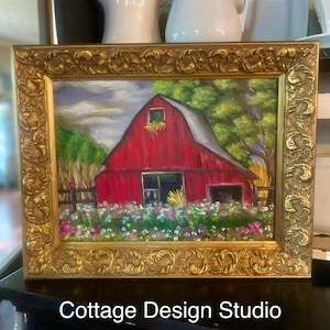 Red Barn Landscape Painting: Original Acrylic Artwork in Ornate Gold Frame