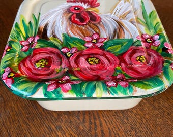 Vintage enameled refrigerator dish with hand painted rooster, country kitchen decor, farmhouse decor,rooster decor, chicken decor, farm art