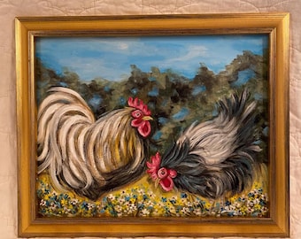 Country rooster landscape painting, rooster decor, country decor, farm decor, farmhouse decor, chicken painting, rooster painting, roosters