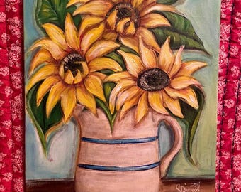 Original Sunflower Painting: Acrylic Crock Pitcher Art, 12x16 Country Decor