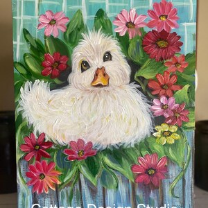 baby duck painting, duck decor, Spri g decor,flower painting, animal art, Spring garden art, nursery decor, Easter decor, original artwork