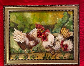 Original Rooster Acrylic Painting, Vintage Framed Farmhouse Decor (15x12 inches)