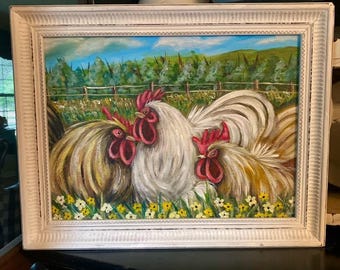 Original Rooster Painting: Farmhouse White Vintage Frame, Country Decor