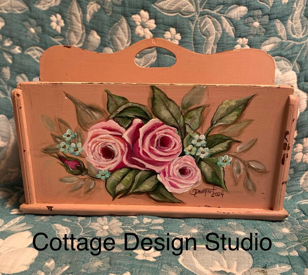 Vintage Pink Magazine Holder: Hand-painted Roses Shabby Chic Decor - Etsy