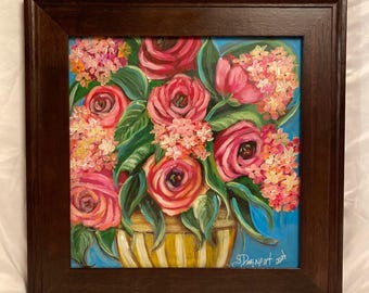 Original Roses and Hydrangeas Painting: Framed Country Chic Floral Art