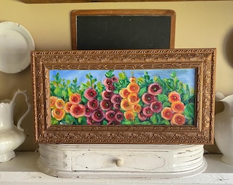 Hollyhock framed painting, flower painting, original art, garden flower decor, wall art, ornate framed art, country chic, cottage core, art