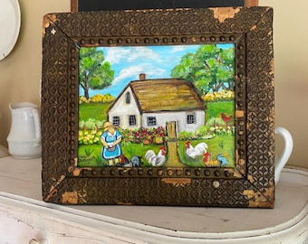 Folk art painting in antique frame, country decor,cottage core, farmdecor,rooster decor, folk art decor, primitive decor, country landscape