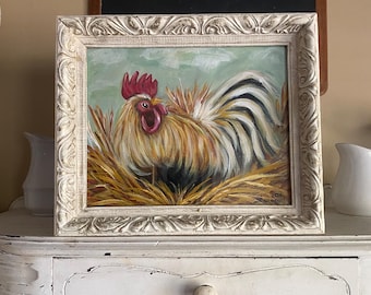 Rooster painting, country decor, original art, farmhouse decor, rooster kitchen art, kitchen decor,  ornate frame, cottage chic decor, rusti