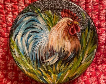 Vintage enamelware with hand painted rooster kitchen decor, farm decor, rooster painting, country decor, roosters, farmhouse decor