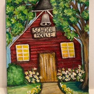 school house painting on barn wood, school teacher gift, school decor, teacher art, folk art painting, country decor, country landscape, art