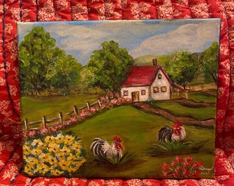 Country landscape painting on canvas, rooster painting, farmhouse painting, original artwork, country decor, farm decor, cottage decor, art