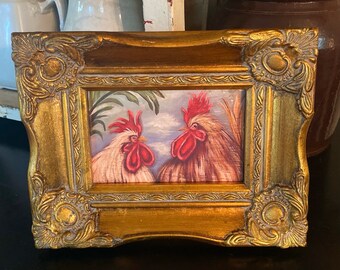 Rooster Art: Framed Notecard in Ornate Gold Tone Vintage Frame