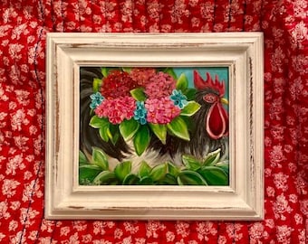 Pintura de gallo y flores rojas, pintura de arte popular, decoración de arte popular, decoración campestre, pintura de flores, decoración de casa de campo, cottage core, arte