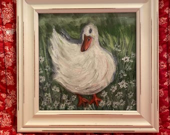 Duck Painting: Farmhouse Nursery Decor, Distressed White Frame