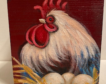 Vintage Hen on Nest Box: Hand-Painted Rustic Farmhouse Decor