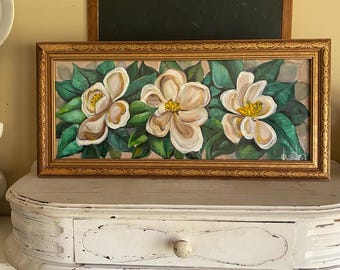 Magnolia painting framed, flower painting, magnolia decor, white flower painting, flower artwork, framed painting, wall art, flower artwork,